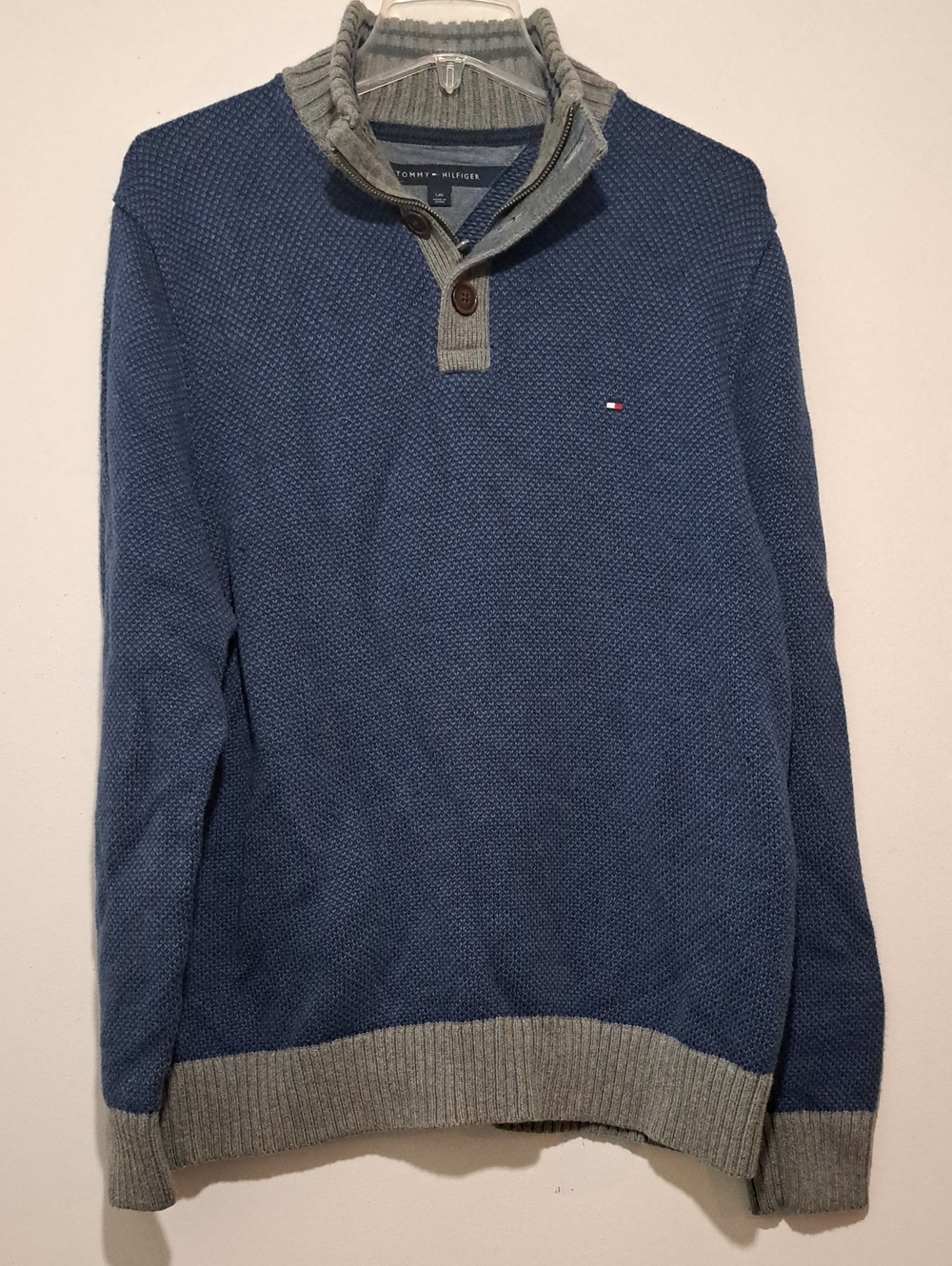 Tommy Hilfiger Men’s Navy V-Neck Quarter Zip Sweater with Gray Trim